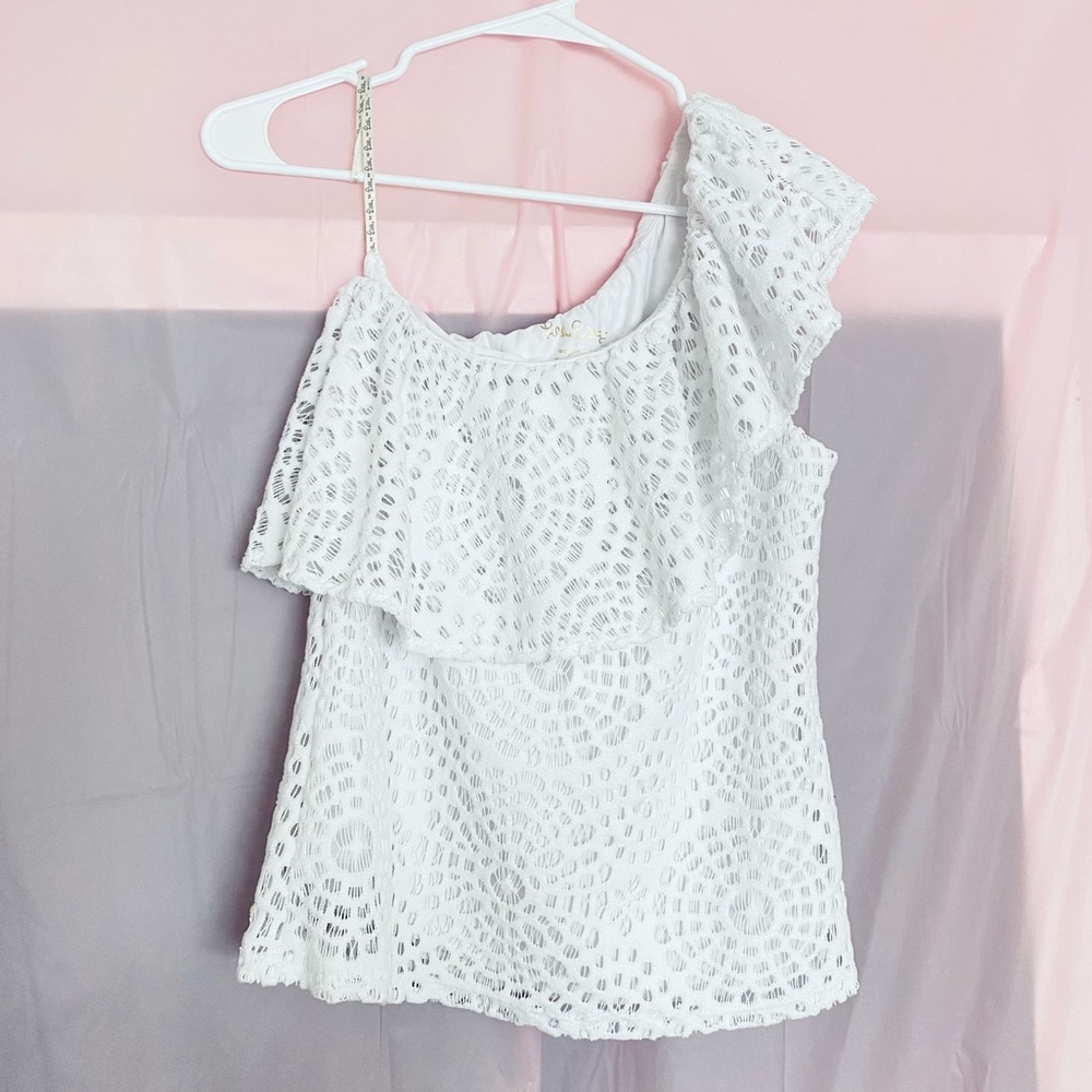 🍓 Lilly Pulitzer Eyelet Lace Ruffle Collar One Shoulder Vacation White Top XS